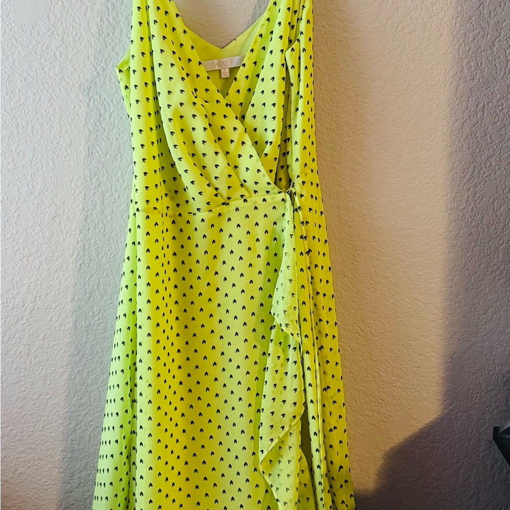 Wayf Neon Yellow Wrap Dress with Black Dot Motif